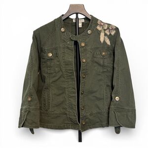 Susan Bristol Olive Utility Jacket Floral Embroidered Military Style Size 12